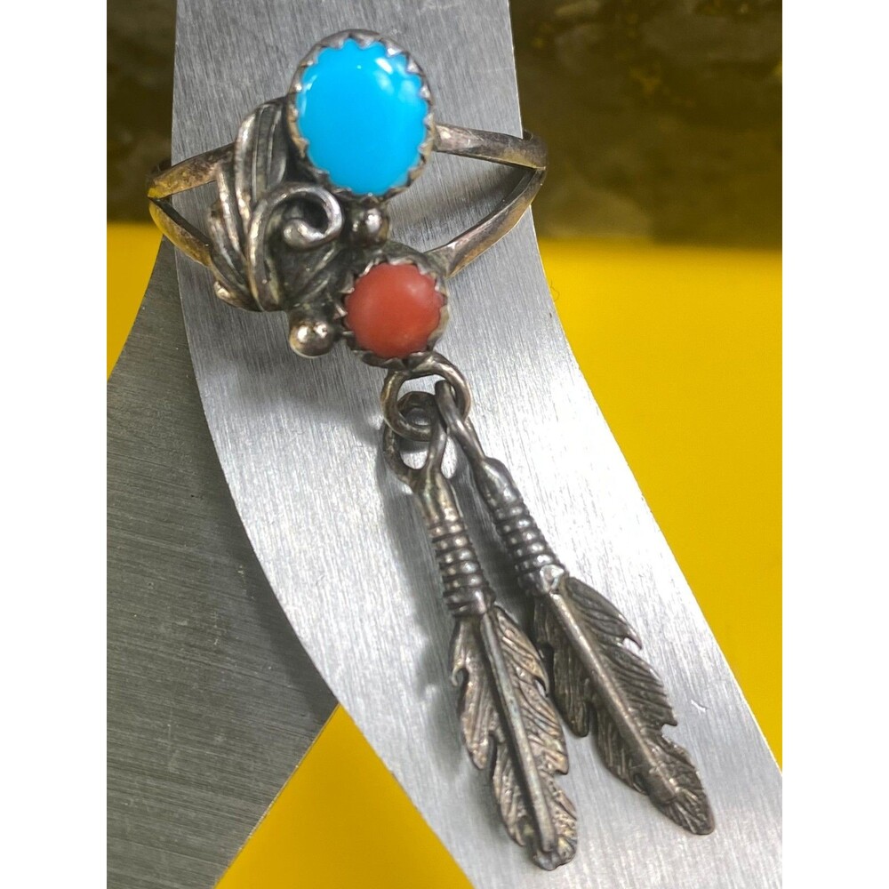 Vintage Sterling Silver Turquoise Coral Feather Dangle Ring Signed RH Ethnic
